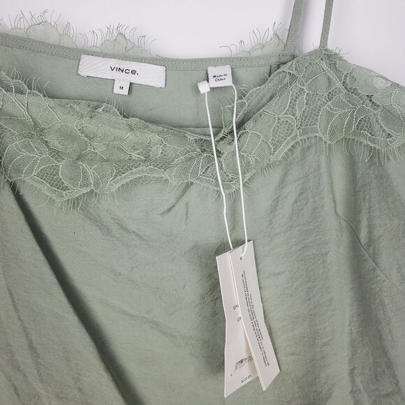 VINCE Lace Trim Cami Jade Hammered Satin Twill Square Neck Camisole Eyelash NWT - Picture 8 of 8